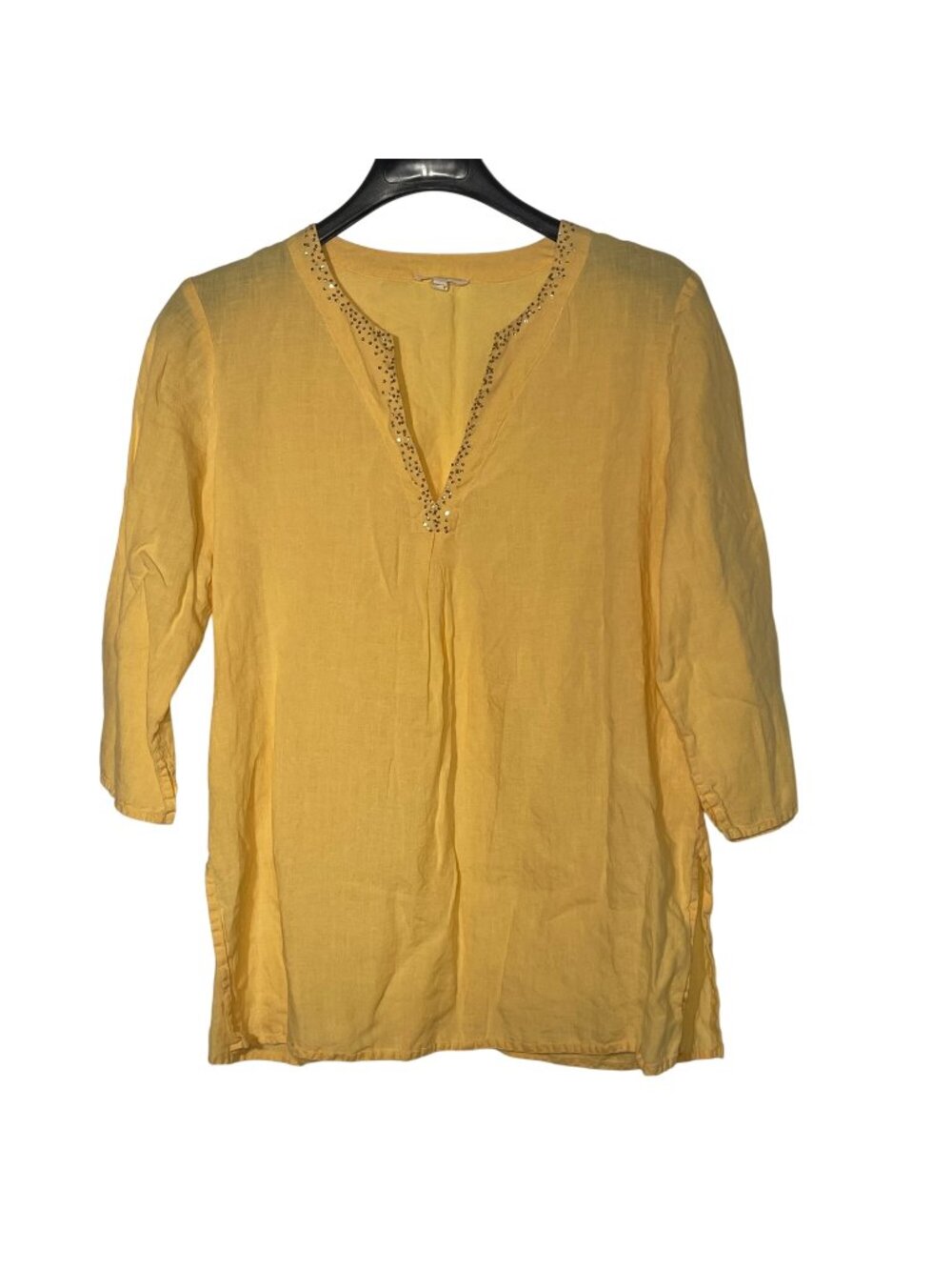 Eileen Fisher Irish Linen V-Neck Top Sz SM Minimalist Sequins Quiet Luxury